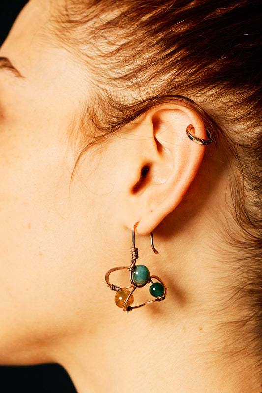 Gioco Minerale – Copper Earrings with Green and Amber Stone Beads