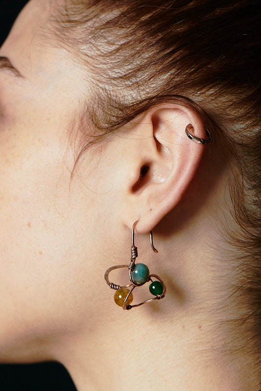 Gioco Minerale – Copper Earrings with Green and Amber Stone Beads